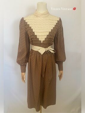 VINTAGE 1980'S JOANIE CHAR SILK POLKA DOT 3-PIECE PRAIRIE SKIRT OUTFIT IN MOCHA